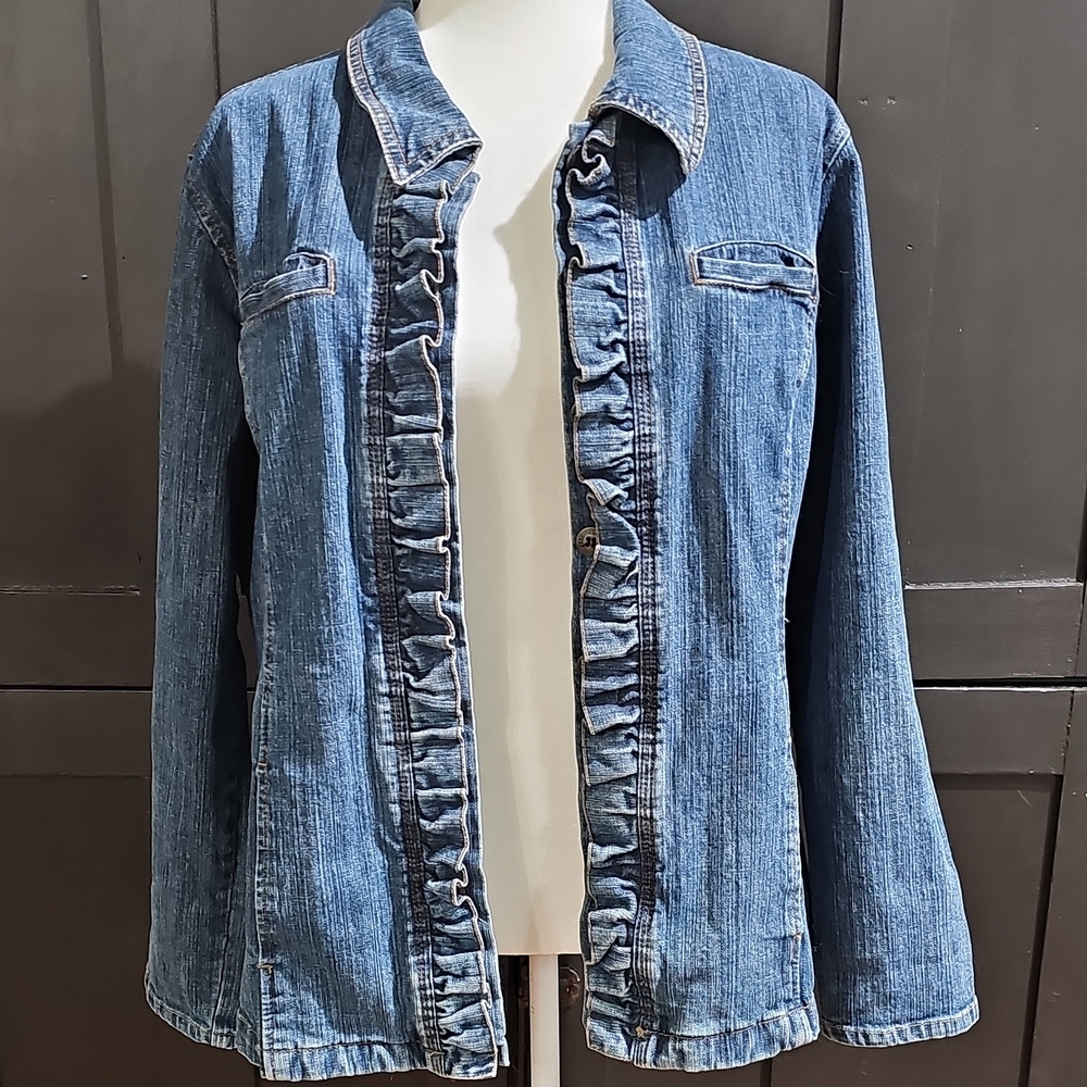 Women’s Blue Denim Ruffle-Trim Jacket - Picture 2 of 6